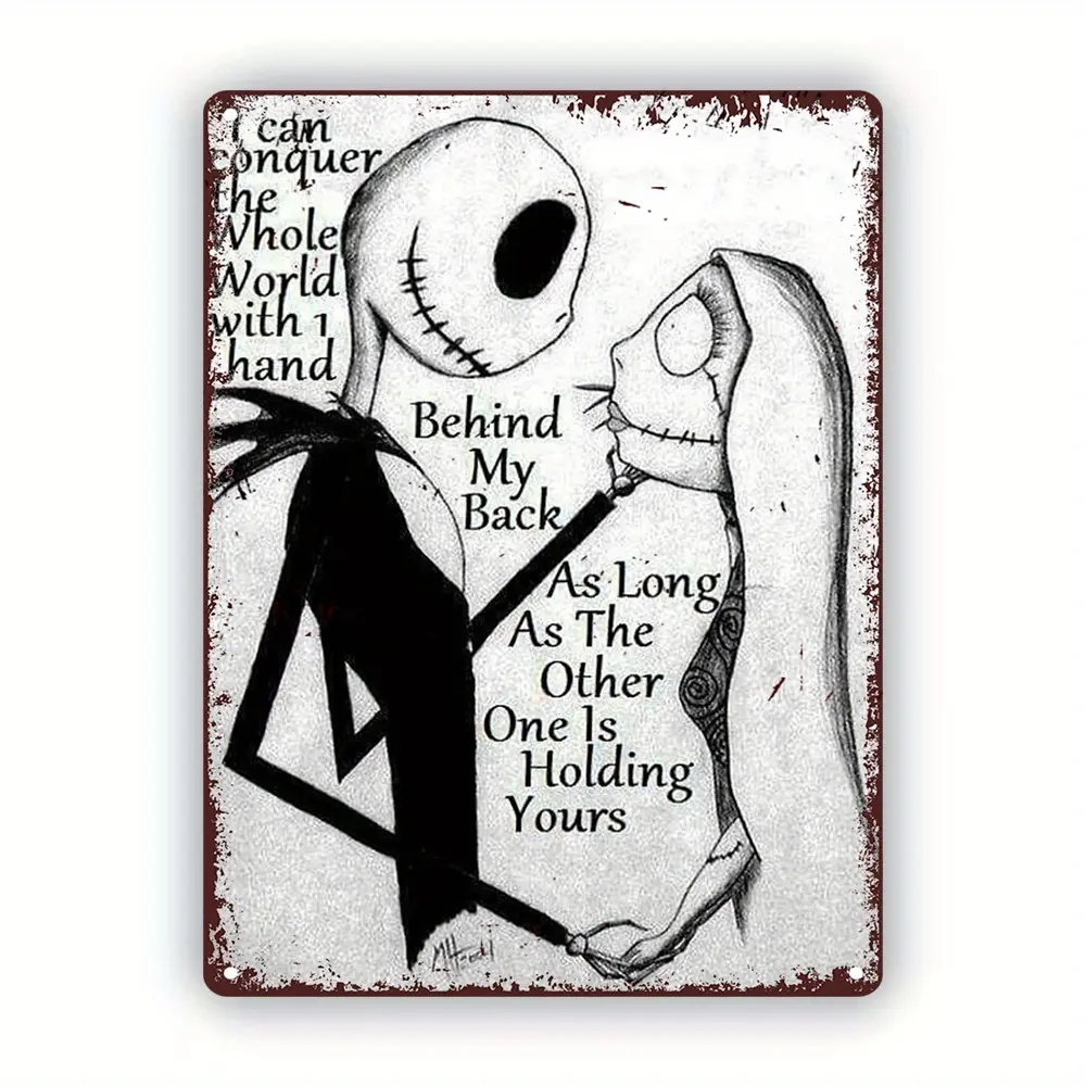 Jack Skellington and Sally Metal Tin Sign, UME Iron Wall Art Decor, Licensed Romantic Halloween Quote Poster Board, Vintage Style Decorative Plaque for Home, Cafe, and Garage,7.87x11.81inch