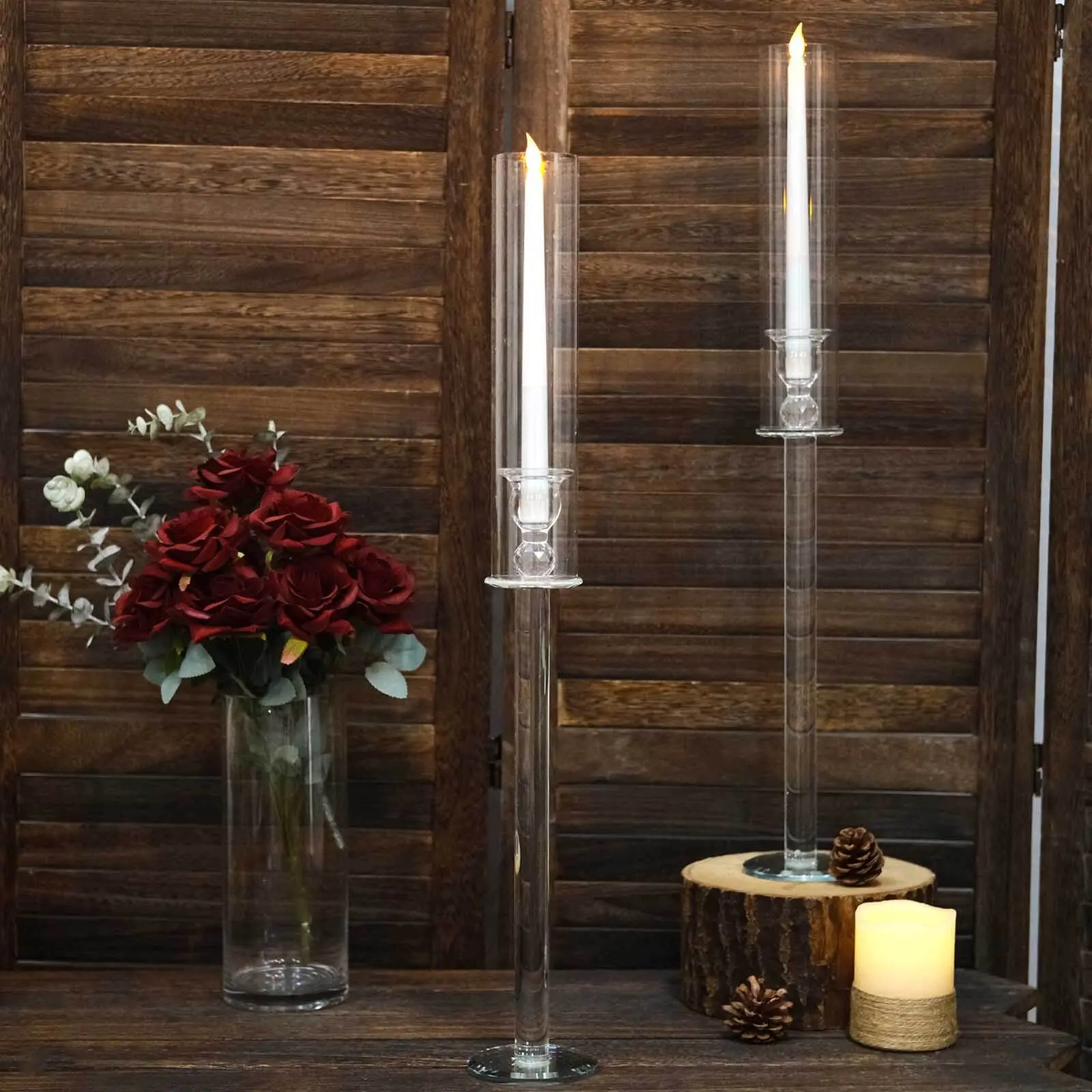 2-Pack Classic Basic Crystal Glass Hurricane Candlestick Holders (26in) - Cylinder Chimney Tubes, Classy Tall Home Accessories, Candlestick Candleholder for Wedding Centerpieces, Birthday, Business Events, Room Decor