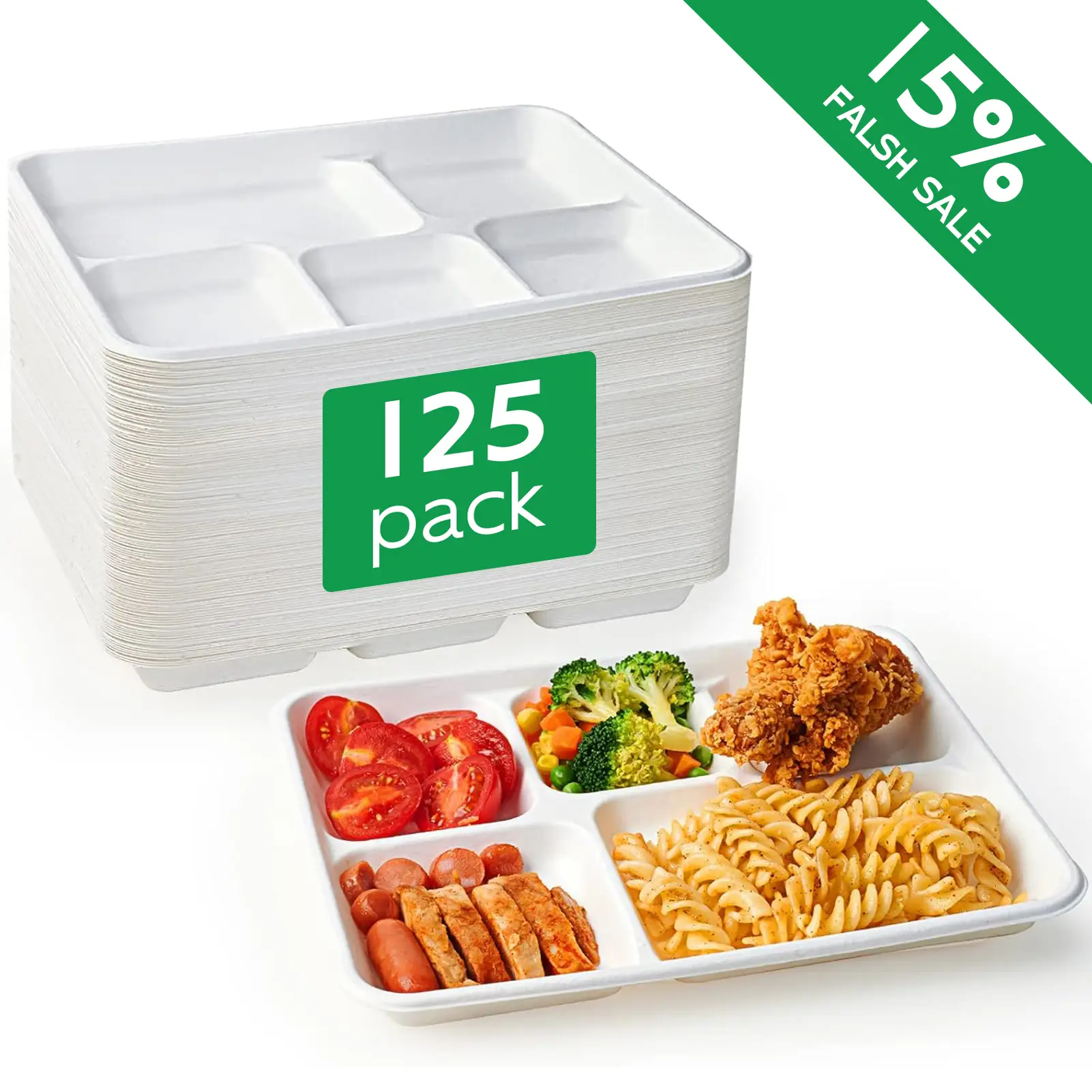 ECOLipak 100% Compostable 5 Compartment Plates, 125 Pack Disposable Paper Plates, Heavy-Duty Biodegradable Sugarcane Plates, Eco-Friendly School Lunch