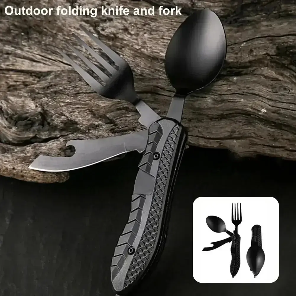 Bottle Opene Three-in-One Multi-Tool Durable Outdoor Tool Outdoor Multifunctional Tools Camping Folding Knife Comfortable Grip Hook Design Stainless Steel Folding Spoon Fork Knife Outdoor Practical Tool