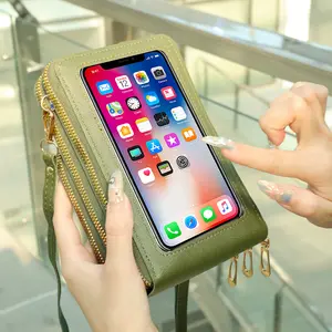 Large Capacity Multifunctional Solid Color Triple Compartment Wallet On String, Touch screen crossbody Bag,PU leather Phone bag