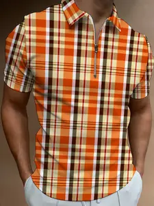 Orange Plaid Short Sleeve Polo Shirt, Men's Casual Business Top, Summer Breathable Fashion
