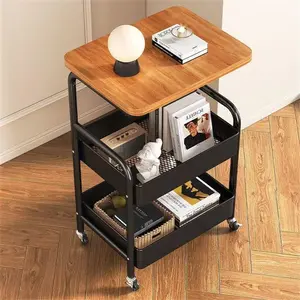 3-Tier Utility Rolling Cart with Wooden Tabletop, Mobile Storage Organizer Mesh Basket Craft Cart with Lockable Wheels for Kitchen, Office, Bedroom, Black