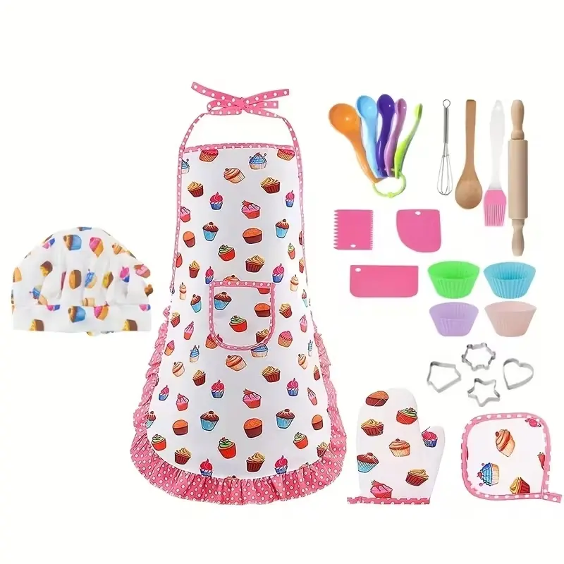 24 Piece Kids Kitchen Apron Set, Pretend Play Set, Toddler Cooking Playset, Role Play Cooking Utensils, Play Kitchen Accessories, Christmas Gift for Boys and Girls, Birthday Present, Random Colors