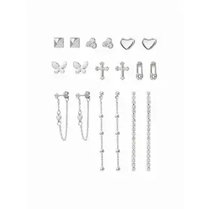 Cider 9 PAIRS HEART & CROSS & BUTTERFLY STUD EARRINGS SET