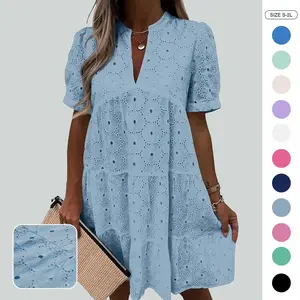 HarSum Women’s Summer Lace Dresses Eyelet Casual Flowy Babydoll Swing Short Sleeve V Neck Tunic Dress