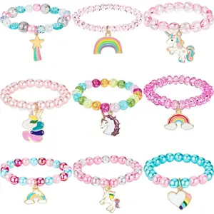 F-HBL0 9 Pcs Unicorn Girls Bracelets for Toddler Girls Rainbow Bracelets Princess Colorful Cute Beaded Jewelry for Friendship Gift Goodie Bag Stuffers Fillers Birthday Party Favors(Bead Style)