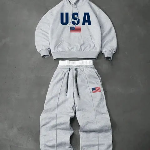 Men's Preppy Style Letter Graphic Two-piece Tracksuit Set, Letter Print Tracksuit, Casual Sporty Set, Streetwear, Sweatsuit Sets, Sweatsuit Matching Set, Hooded Sweatshirt & Drawstring Trousers, Casual Tracksuit, Perfect for Fall and Winter