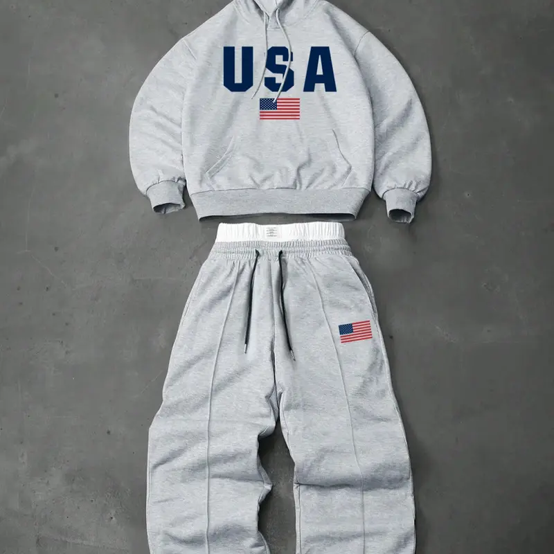 Men's Preppy Style Letter Graphic Two-piece Tracksuit Set, Letter Print Tracksuit, Casual Sporty Set, Streetwear, Sweatsuit Sets, Sweatsuit Matching Set, Hooded Sweatshirt & Drawstring Trousers, Casual Tracksuit, Perfect for Fall and Winter