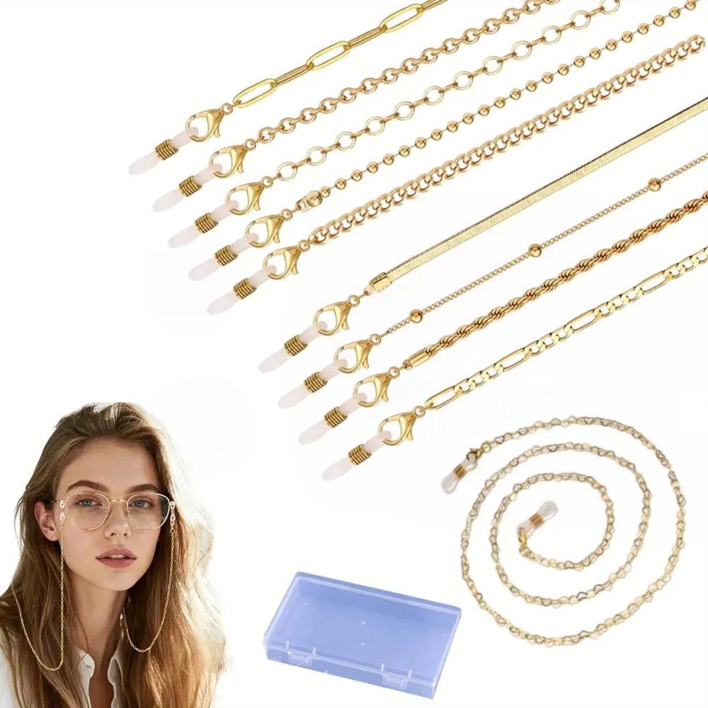 10Pcs/Set Eyeglass Chains String Holders with Box for Women Men,Gold Link Necklace Around Neck Glasses Mask Chain Lanyard,Eyewear Retainer Accessory Chain,Halloween Christmas Gifts,Hand Tools Kits