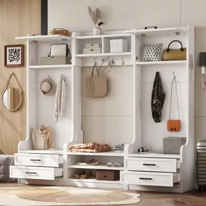 [Bellemave]4-in-1 Detachable Hall Tree with Storage and 7 Hooks, Multiple Functions Hallway Coat Rack with Storage Drawers and Cabinet, White  Shoe Bench for Entryway Hallway[Bellemave]