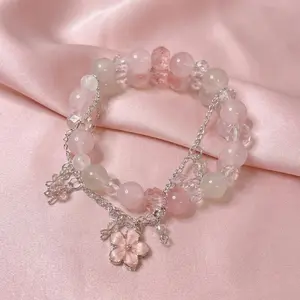Pastel Pink Flower Charm Bracelet - Dainty Crystal Beaded Bracelet for Women, Romantic Floral Jewelry, Y2K & Fairycore Style Shimmering Elegant
