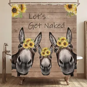 4-piece shower curtain set, including non-slip bathroom floor mat and toilet seat cover - featuring a fun donkey farmhouse pattern Floral Bath Curtain for Bathroom Decor Accessories Shower Essentials