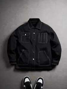 Men's Contrast Color Lapel Work Jacket, American Vintage Multi-Pocket Casual Coat, Spring Fall Loose Fit Jeans Style Top