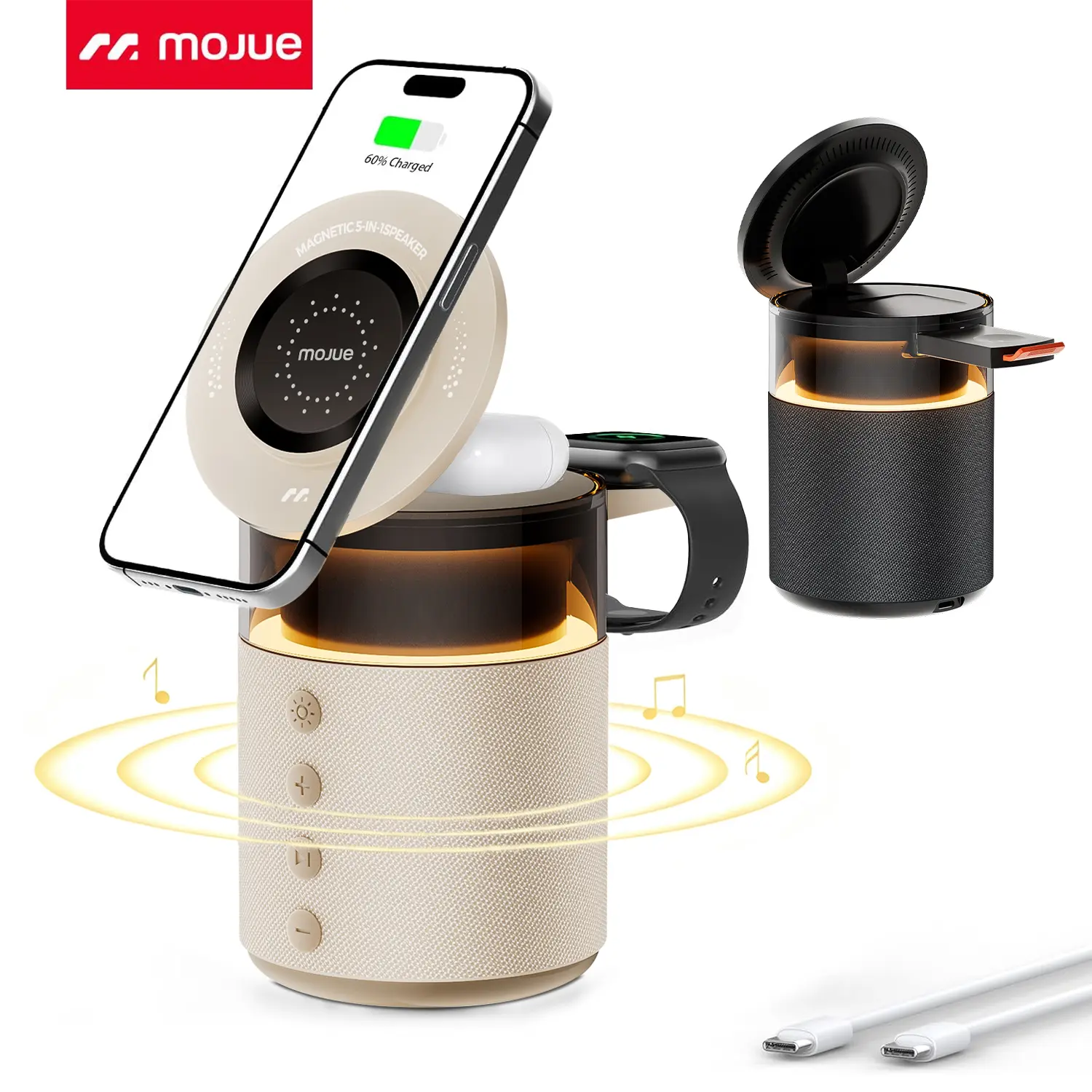 MOJUE 5-in-1 Wireless Charging Station with Bluetooth Speaker, Magnetic Charger & Night Light – 15W Adapter Included, Compatible with Apple Watch and Samsung Watch, iPhone 17/16/15/14/13/12 Pro Max & Wireless Earbuds 3#Back To School