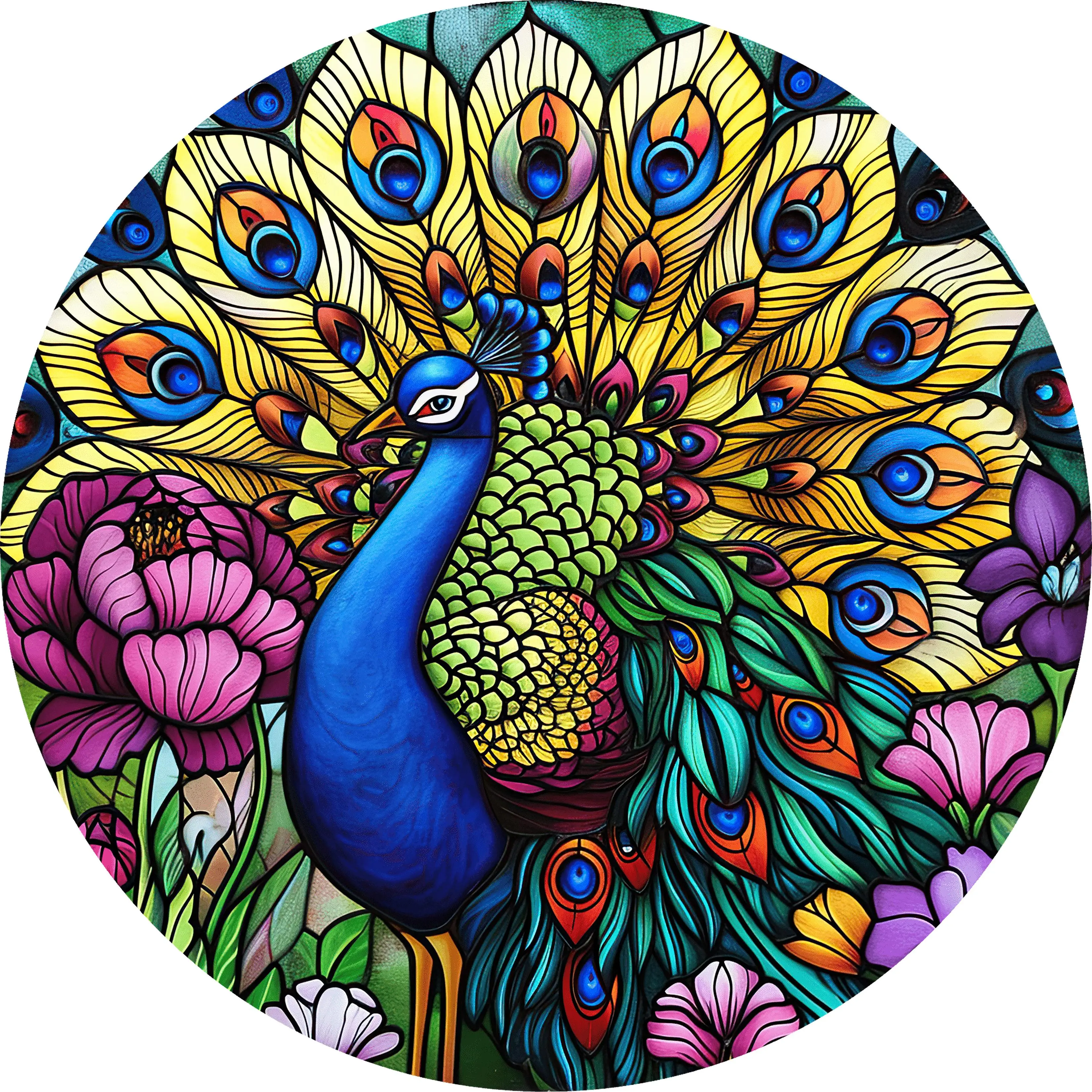DTF Transfer – Glass Peacock Multi Sizes (AN-PE001)