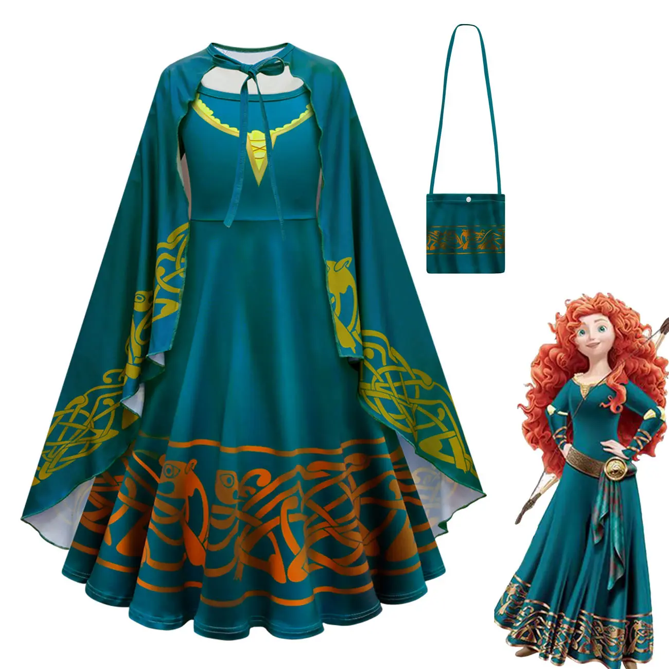 Merida Costume Dress, Brave Princess Merida Cosplay Outfit with Cape & Crossbody Bag, Kids Halloween Party Fancy Dress Up Costume