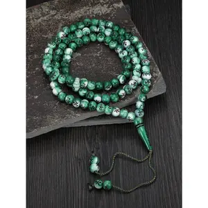 99 Round Beads, Retro Ethnic Style Green Round Acrylic Prayer Beads, Handmade Knotted Beads, Bracelet, Stackable for Both Men and Women, Ramadan Gift, Prayer and Worship Supplies