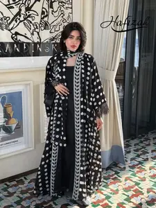 Modest fashion chiffon polka dot sleeveless jacket with lace trim, includes headscarf, elegant outerwear for women