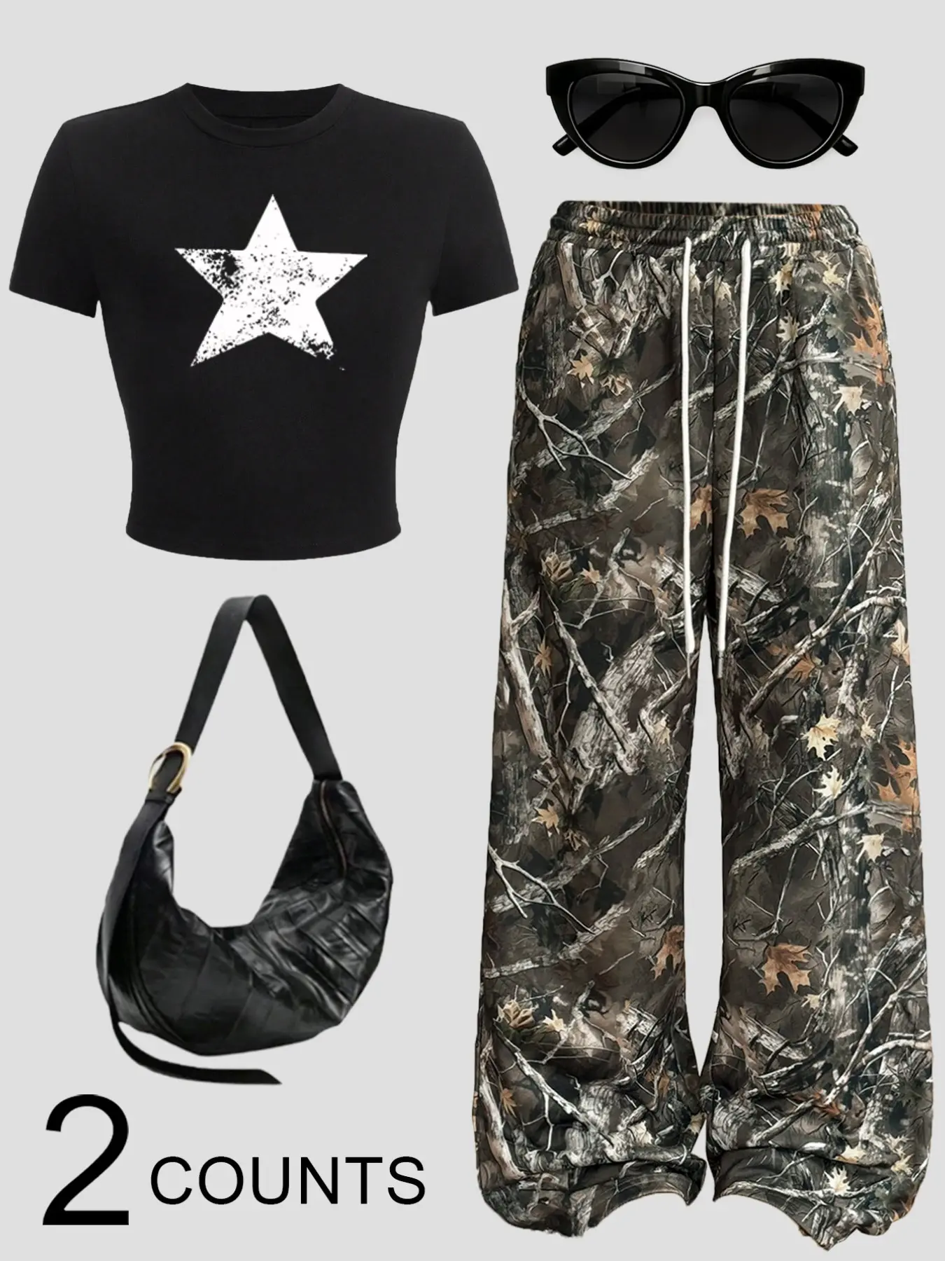 American Street Style Streetwear Star Print Short Sleeve T-Shirt + Camo Loose Long Pants Two-Piece Set, Essential for Hot Girl
