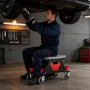 Heavy Duty Rolling Mechanic Stool with Removable Tool Tray, 4" Swivel Casters, Ergonomic Padded Cushion, 300 Lbs Capacity for Auto Repair & Workshop Garage Work Seat