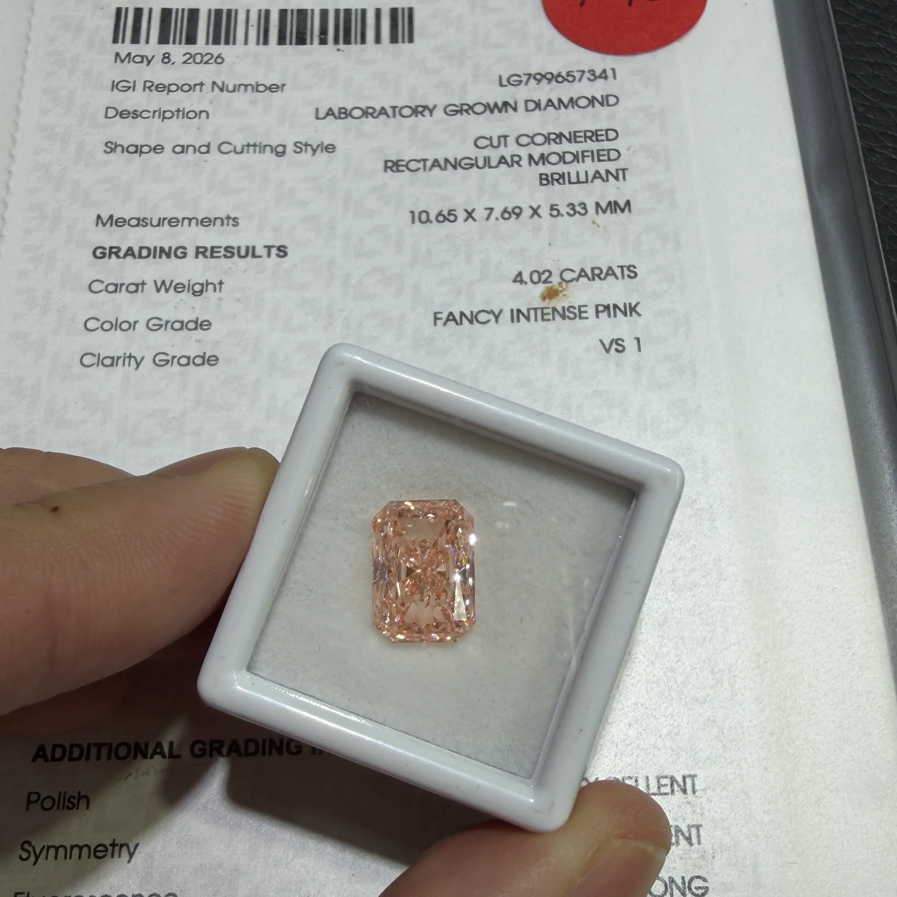 4.02ct Cut Cornered Rectangular Modified Brilliant Lab Grown Diamond (Fancy Intense Pink, VS1, IGI Certified)