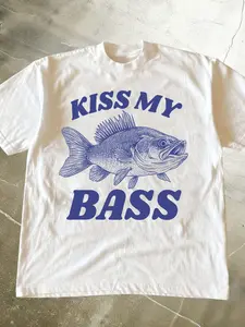 Kiss My Bass Graphic Fishing T-Shirt, Funny Fishing Quote Print, Casual Streetwear Loose Cotton Tee for Home & Outdoor Activities, Tiktok Trendy Style, Man