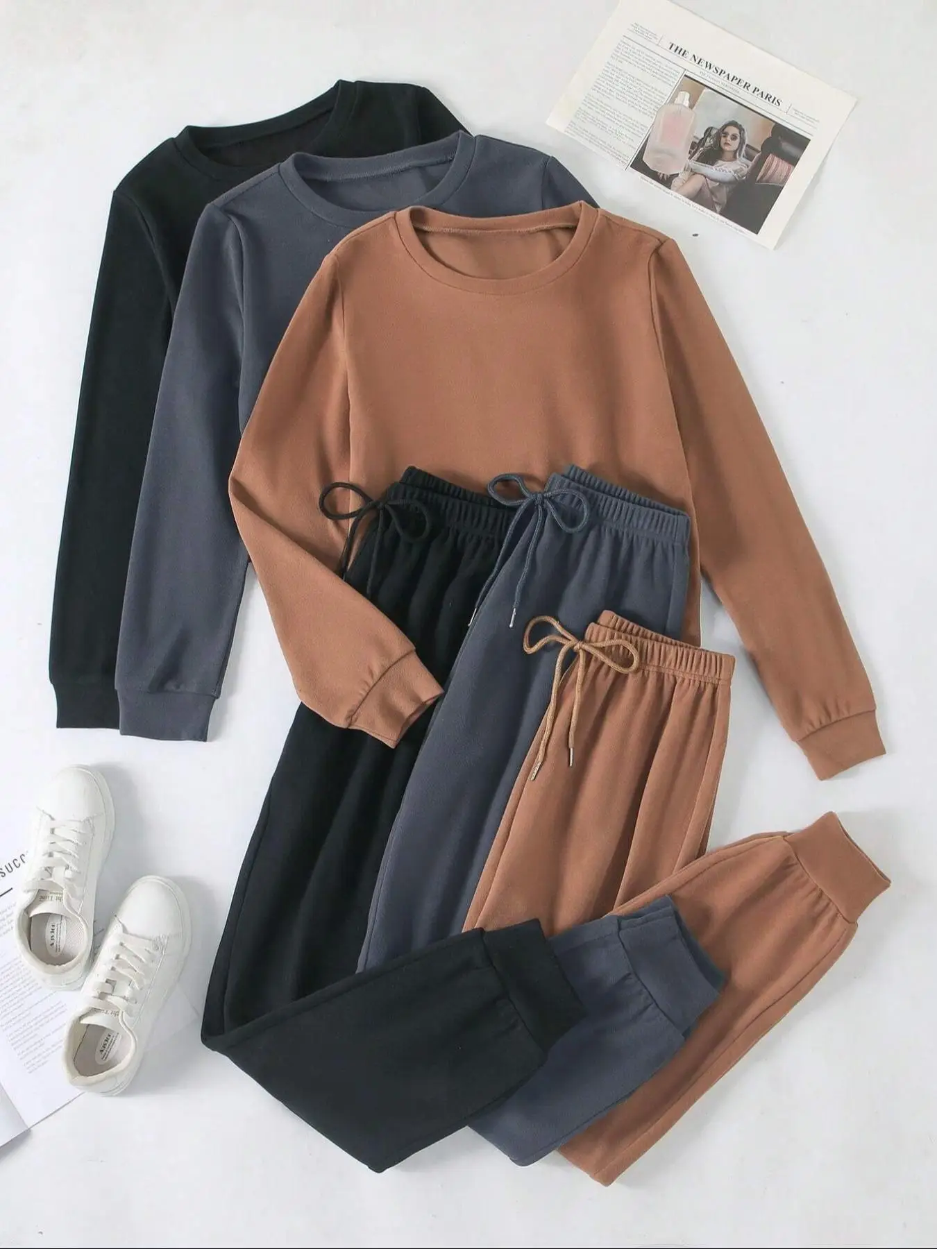 Women's Solid Color Long Sleeve Top & Tie Front Elastic Waist Pants Set, Casual Round Neck Top & Trousers for Spring & Fall, Women's Clothes for Daily