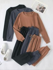 women's solid color long sleeve top & tie front elastic waist pants sets, casual round neck top & trousers for spring & fall, fall matching set outfit, womenswear for daily wear, downtown girl clothes, matching sets for women