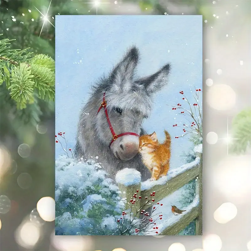 A Christmas card depicting the winter scene of donkeys and kittens. It is a holiday card suitable for families  friends  brothers and sisters  with an envelope attached. It is suitable for any occasion and all recipients.
