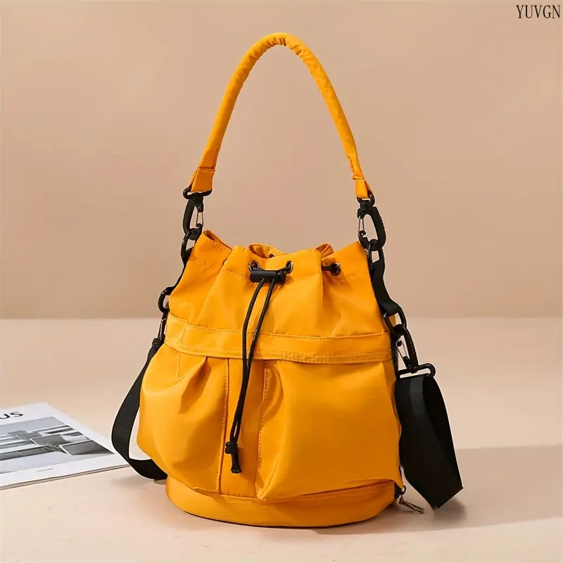 Women's Commuter Crossbody Bag, High-Capacity Nylon Barrel Drawstring Casual Shoulder Purse with an Adjustable Strap, Shoulder Strap Bag, Nylon Fabric, Multi-Functional, Sporty Chic, Crossbody Purses, Daily Commute Bag
