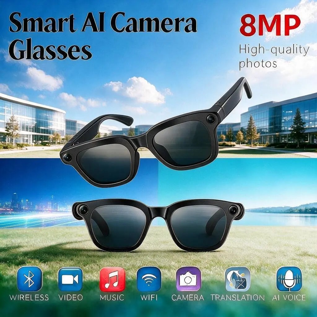 AI Smart Glasses with Camera - 8MP Smart Camera Glasses, Auto Photochromic UV Protection Sunglasses, Hands-Free Video Recording, 160+ Multilingual Real-Time Translator, Ideal for Travel & Outdoor Activities