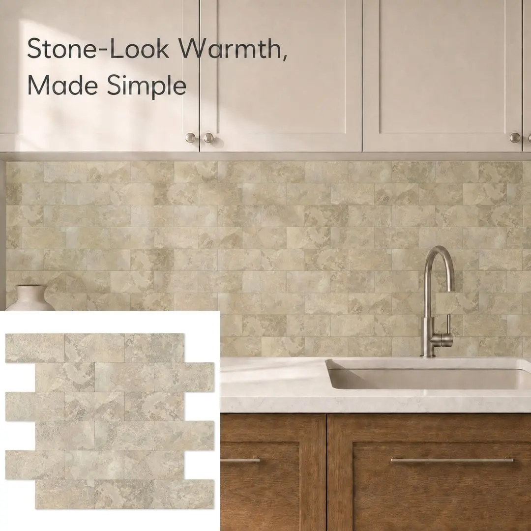 Yipscazo 2026 New Upgrade Distressed Wood Peel-and-Stick Rectangular Backsplash Tile, 11.34" x 11.57" x 0.16" Heat-Resistant Wall Tile for Kitchen, Fireplace (Beige Ecru, 10 Packs)