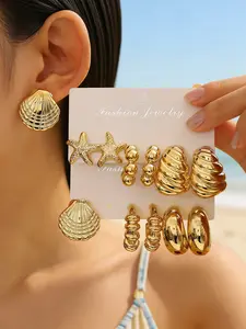 12pcs Ocean Inspired Earring Set, Starfish Shell Beads, Spiral Texture C-Ring, Low Allergy Beach Jewelry, Casual Beach Accessory