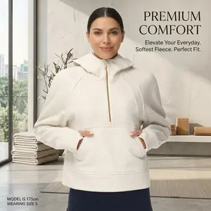 Women's Half Zip Long Sleeve Fleece Crop Pullover Hoodie with Pockets and Thumb Holes - Comfortable Warm Workout Sweatshirt for Gym Running Yoga Casual Wear Lightweight Stretchy Athletic Top