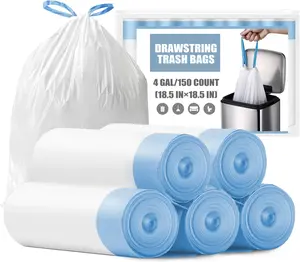Small Trash Bags 4 Gallon - 150 Count Drawstring 4 Gallon Trash Bag, Tear-Free 4 Gal Small Garbage Bags for Office Bedroom Bathroom Trash Bags, Unscented White 4 Gal Trash Can Liners