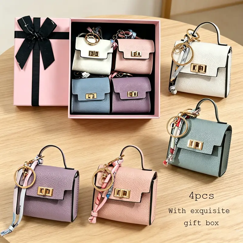 4Pcs Mini Square Bag Pendant Keychain - High Quality Leather with Colorful Strap, Cute Car Keychain & Bag Charm Accessory, Comes with Gift Box