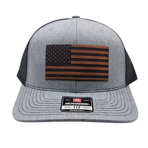 Richardson 112 Snapback Trucker Hat with American Flag Design - Unisex, Patriotic Pride, Engraved Leatherette Patch