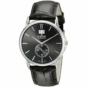 Edox Les Bemonts Black Luxury Swiss 40mm Men's Dress Watch 64012-3-NIN Leather Strap