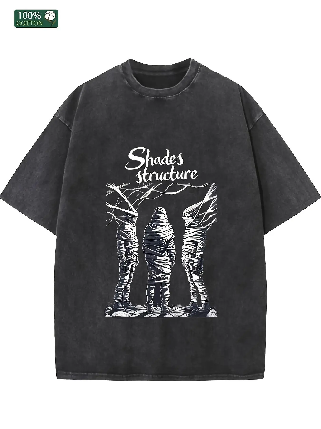 Men's Retro Baggy Short-Sleeve Tops - Airy Cozy Crew Neck Menswear with 'Shade's Structure' Mummy Graphic, Casual Layer Tee Ideal for Spring/Fall, Washed Vintage Design, Shortsleeve