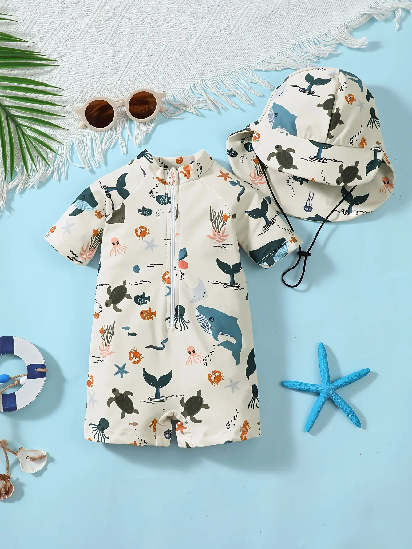 Infant Baby Boy Printed 1-Piece Swimsuit with All-Over Print, Quick-Drying, Sun-Protective, Breathable Fabric and Included Sun Hat, Printed Swimsuit