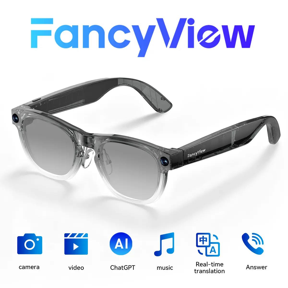 FancyView Unisex Adults Modern Multifunctional Wireless Wearable Smart Glasses - Wi-Fi 6, 16GB Storage, Hands-Free Camera, Lightweight Premium Matte Black Frame