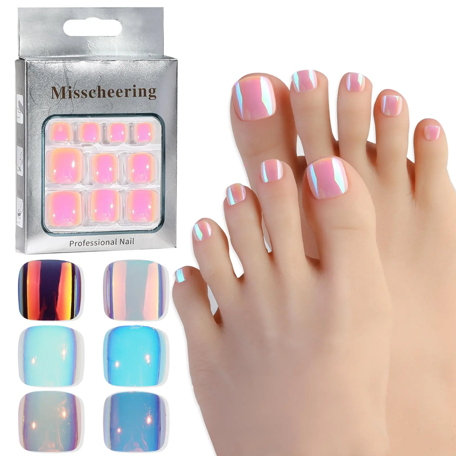 24pcs Glitter Fake Toenails With Glue French Line Glitter False Toe Nails Art Detachable Press On Toenails Acrylic Nails Tips