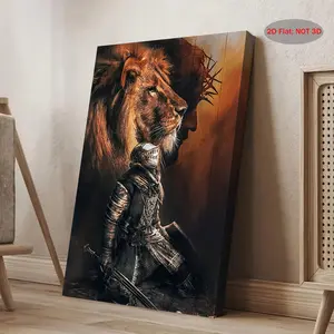 2D Flat, 2D Flat, 1pc 2D Flat Frame Canvas Artwork Featuring Christ As The Lion of Judah And The Warrior of Christ. This Piece Represents The Life of And Serves As a God-Themed Canvas wall art