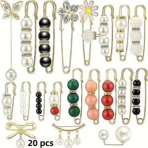 Artificial Pearl Brooch, Flower Brooch Pin, 20pcs/set Mixed Color Faux Pearl Sweater Shawl Clip Set, Girl's Dress Waist Safety Pin Decorative Sewing Accessories, Durable Metal Pins