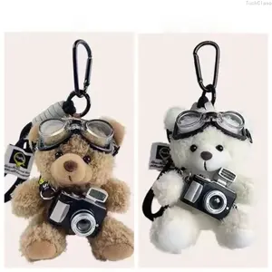 Cute Flash Camera Bear Plush Keychain Charm, Faux Fur Pink Heart Teddy Bear Bag Pendant with Carabiner for Keys, Bags & Cars, Adorable Spring Gift Accessory