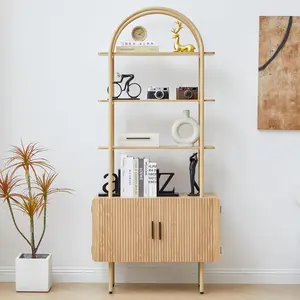 Giratree 71" Tall Arched Wooden Shelf with Cabinet, Mid-Century Modern 4-Tier Fluted Storage Bookcase, Stylish Organizer for Living Room, Office & Home Décor