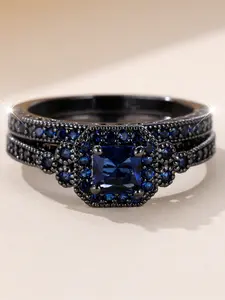 A black gold sapphire blue synthetic zirconia ring set Elegant Glittering Ring is fashionable, high-end and simple, suitable for women to wear during proposals, travels and daily life Engagement Ring Set
