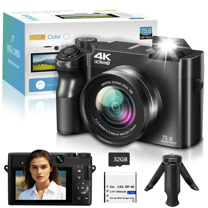 4K Digital Camera, 1 Count 75MP Dual Cameras for Photography, 18X Digital Zoom Video Vlogging Camera, Autofocus Point Shoot Cameras