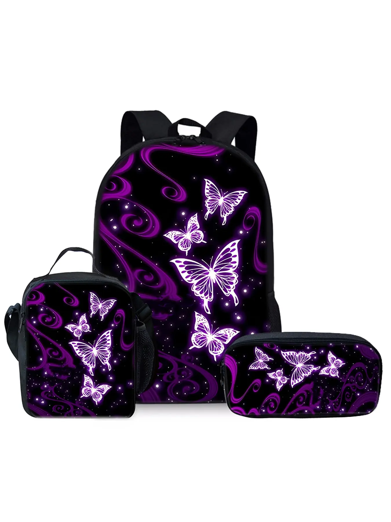 Purple butterfly pattern printed 17-inch Cute Backpacks three-piece set (single-layer backpack + shoulder strap lunch bag + single-layer pencil bag)